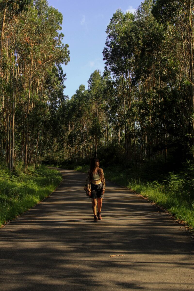 una chica caminando por la carretera rodeada de un bosque lleno de árboles